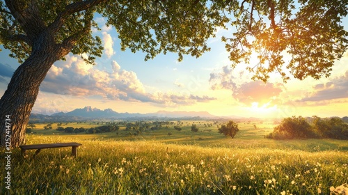 Sunset meadow, bench under tree, scenic view, peaceful landscape, nature photography
