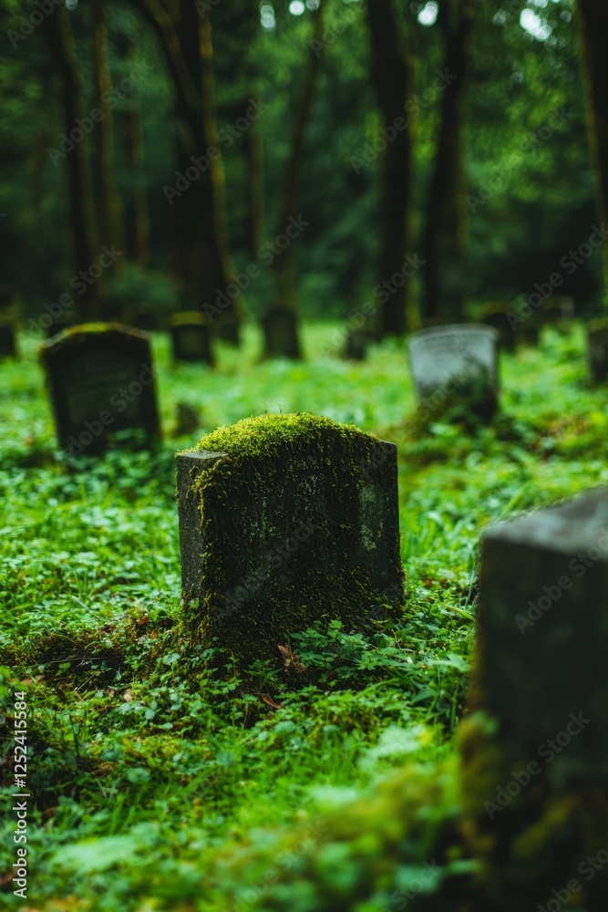 Old weathered tombstones covered in moss stand still in the cemetery Old weathered tombstones covered in moss stand still in the cemetery
