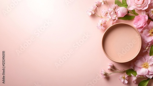 Pastel Pink Background with Flowers and Empty Bowl for Product Display. Generative AI photo