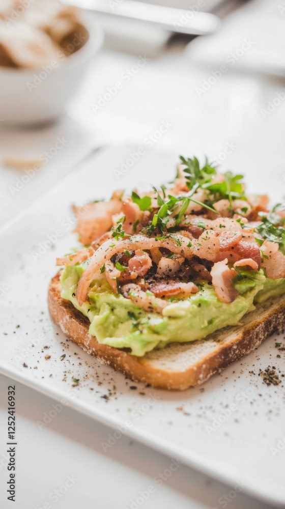 Toast with creamy avocado and crispy bacon in a bright setting Toast with creamy avocado and crispy bacon in a bright setting