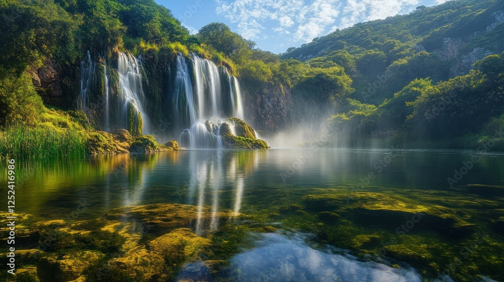 Fototapeta premium Majestic waterfall cascades into calm pool, lush green hills backdrop, nature photography