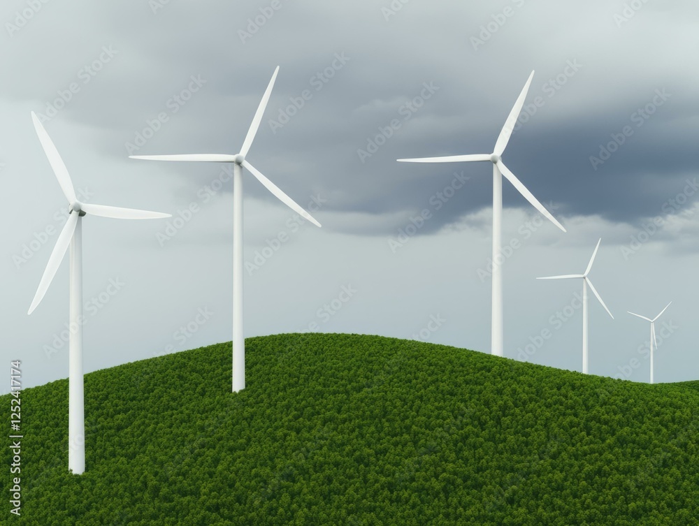Fototapeta premium Renewable Energy Action Wind Turbines on Lush Green Hills Nature Landscape Dramatic Sky