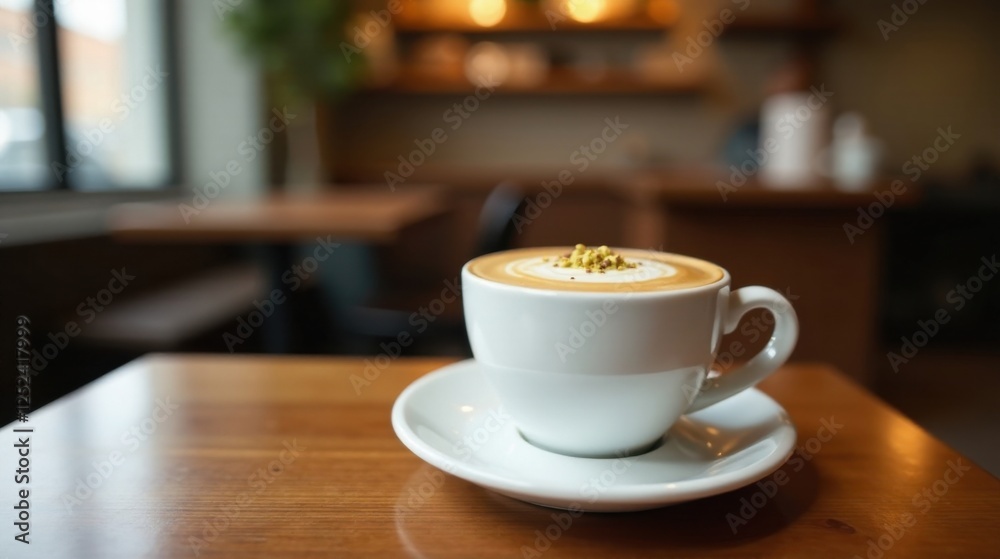 Aromatic Coffee Beverage in a White Cup on Wooden Table in a Cafe Aromatic Coffee Beverage in a White Cup on Wooden Table in a Cafe