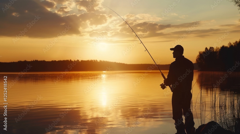Fisherman silhouetted at sunset lake fishing Fisherman silhouetted at sunset lake fishing