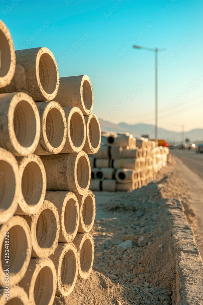 Concrete pipes stacked roadside at dusk. Infrastructure work, development use Concrete pipes stacked roadside at dusk. Infrastructure work, development use