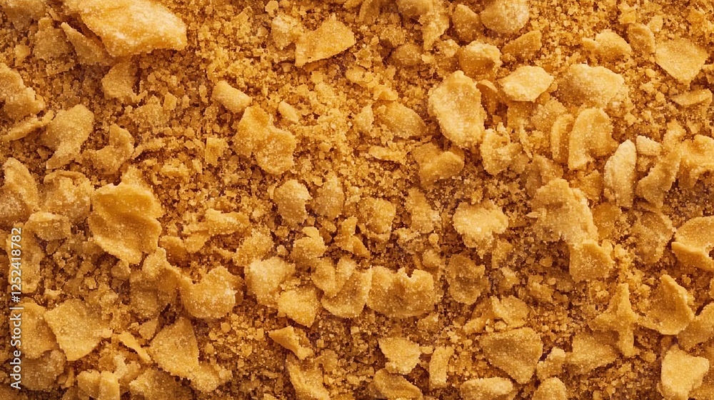 Close-up of golden, crunchy cornflake texture on a flat surface. Close-up of golden, crunchy cornflake texture on a flat surface.