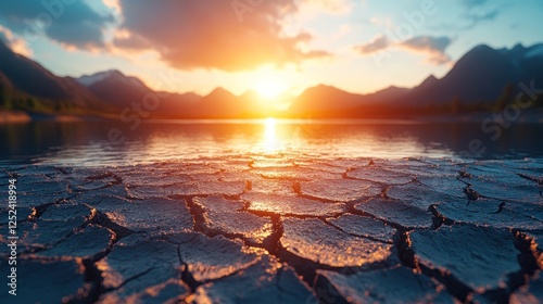 Dried lakebed at sunset, mountain backdrop photo