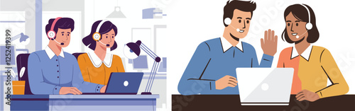 vector illustration of two customer service representatives or call center agents working together