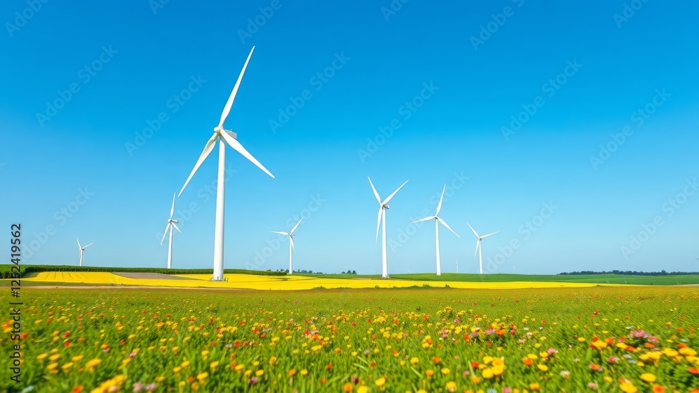 Expansive Field with Wind Turbines and Vibrant Wildflowers Under Blue Sky Expansive Field with Wind Turbines and Vibrant Wildflowers Under Blue Sky
