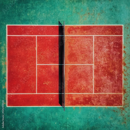 Aerial view of a weathered tennis court.