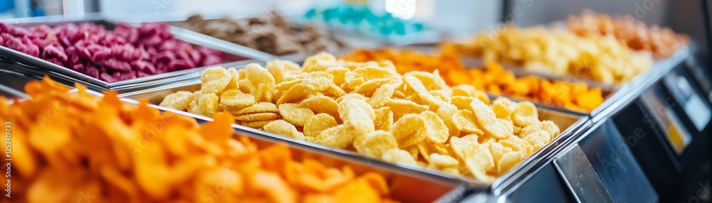 Colorful array of snack chips displayed on trays in a market. Colorful array of snack chips displayed on trays in a market.
