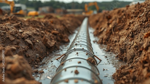 Construction Site with Excavation and Pipe Installation Process