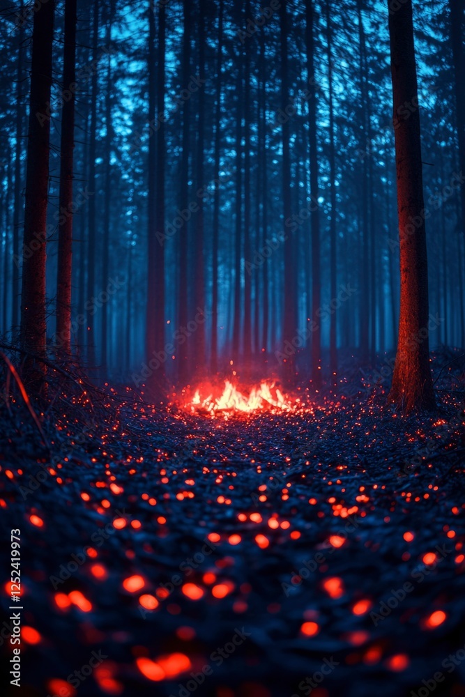 Campfire burns in dark forest with tall trees and blue sky background at night Campfire burns in dark forest with tall trees and blue sky background at night