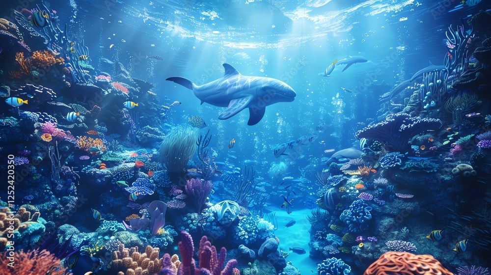 A dolphin swims above a vibrant coral reef. A dolphin swims above a vibrant coral reef.