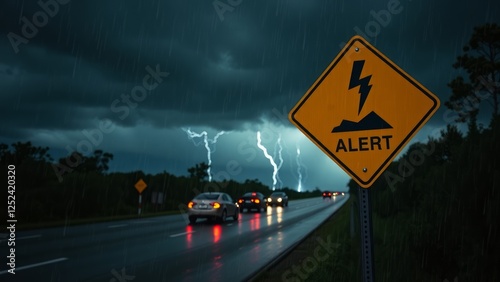 Storm Warning Sign with Lightning in Dramatic Rainy Landscape