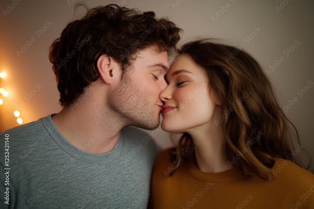 Romantic Couple Kissing in Soft Lighting with Blurred Background and Warm Ambiance