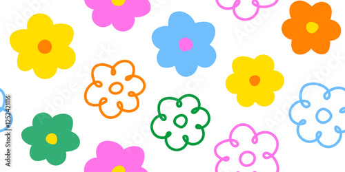 Hand drawn flower seamless pattern with childish style. Colorful and fun floral doodle pattern, design for fabric, cover, wrapping, wallpaper.