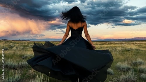 Woman in Field at Dusk:  A woman with long, flowing hair dances gracefully in a black dress against a dramatic backdrop of storm clouds and setting sun, creating a powerful and ethereal silhouette.