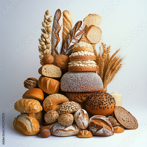 Assorted bread and grains, white isolate background