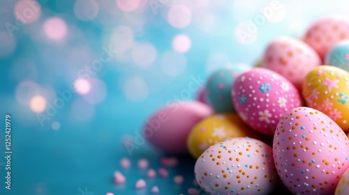 Colorful Easter eggs decorated with patterns on a light blue background. Generative AI photo