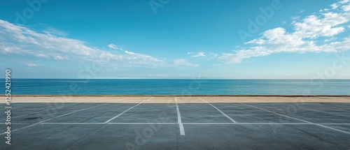 Stunning seaside view with empty parking lot.