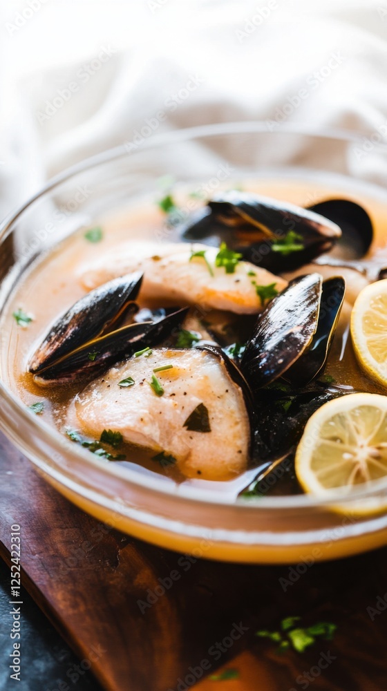 Steaming fish broth with seafood and lemon slices on wooden surface Steaming fish broth with seafood and lemon slices on wooden surface