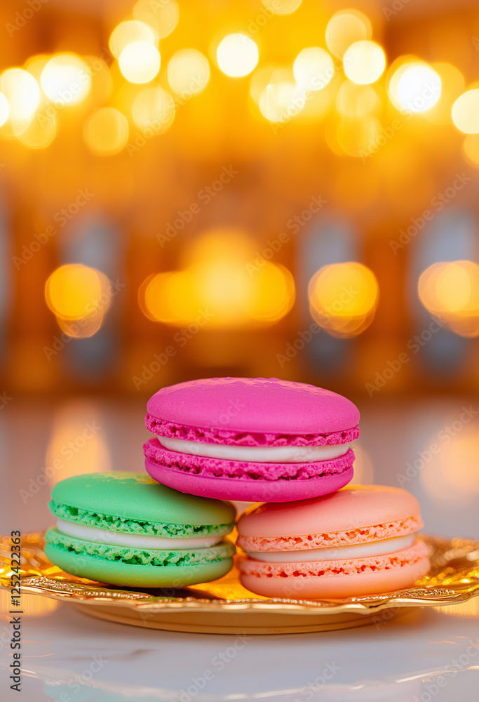 Delightful macaron display on ornate gold plate with vibrant colors. soft focus background enhances festive atmosphere, making it perfect for celebrations Delightful macaron display on ornate gold plate with vibrant colors. soft focus background enhances festive atmosphere, making it perfect for celebrations