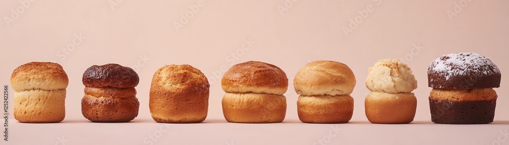 Assorted freshly baked muffins displayed in a row on a neutral background. Assorted freshly baked muffins displayed in a row on a neutral background.