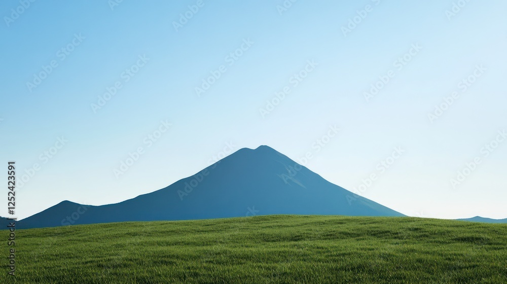 Fototapeta premium Serene mountain vista, green field, clear sky; idyllic nature scene for travel or landscape designs
