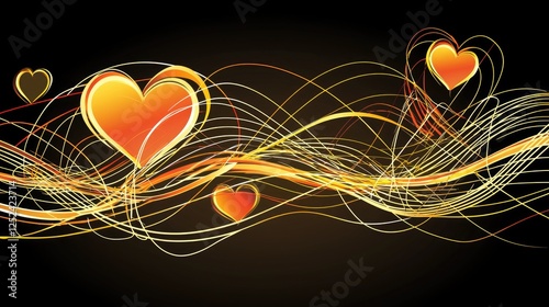 Vibrant Heart Shapes with Flowing Lines on Black Background