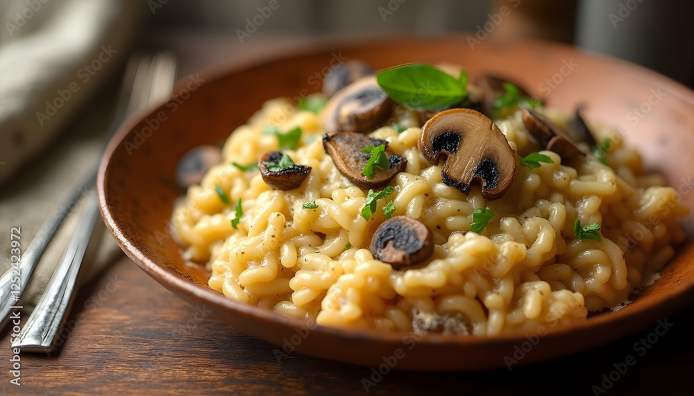 Risotto with creamy mushrooms on wooden table, simple Italian food Risotto with creamy mushrooms on wooden table, simple Italian food