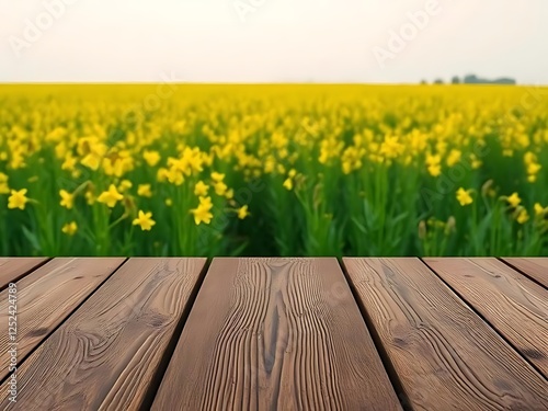 wooden surface with mustard field background. wooden podium for product display