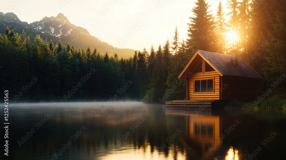 Fototapeta premium Sunrise cabin lake mountain escape