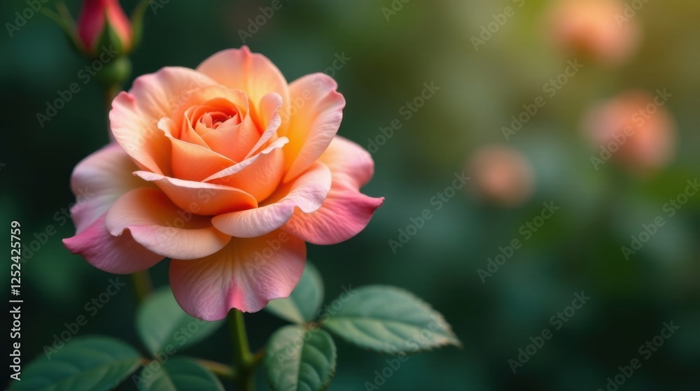 A Delicate Peach Rose in Soft Sunlight, Gracefully Unfolding its Petals Amidst Lush Greenery A Delicate Peach Rose in Soft Sunlight, Gracefully Unfolding its Petals Amidst Lush Greenery