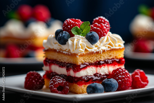 Wallpaper Mural Delicious layered cake with cream, berries, and fruit jam, garnished with mint. delightful dessert perfect for celebrations and gatherings Torontodigital.ca