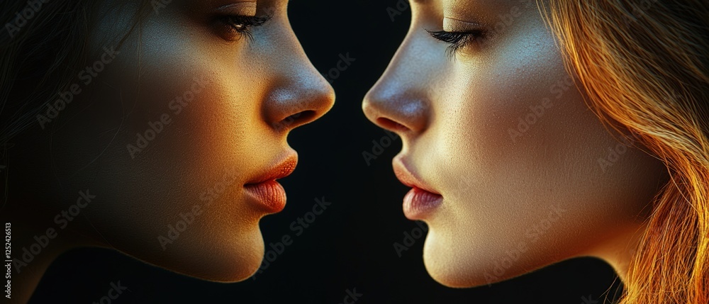 Fototapeta premium Profile View of Two Women Highlighting Strong and Soft Jawlines in an Artistic Lighting Setting