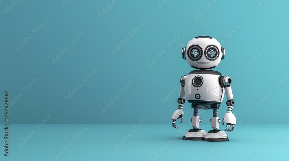 A white robot with big eyes stands on a blue background. A white robot with big eyes stands on a blue background.