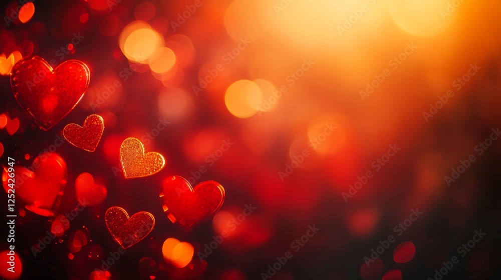Valentines Red Hearts Floating with Bokeh Lights and Dark Background for Celebrations Valentines Red Hearts Floating with Bokeh Lights and Dark Background for Celebrations
