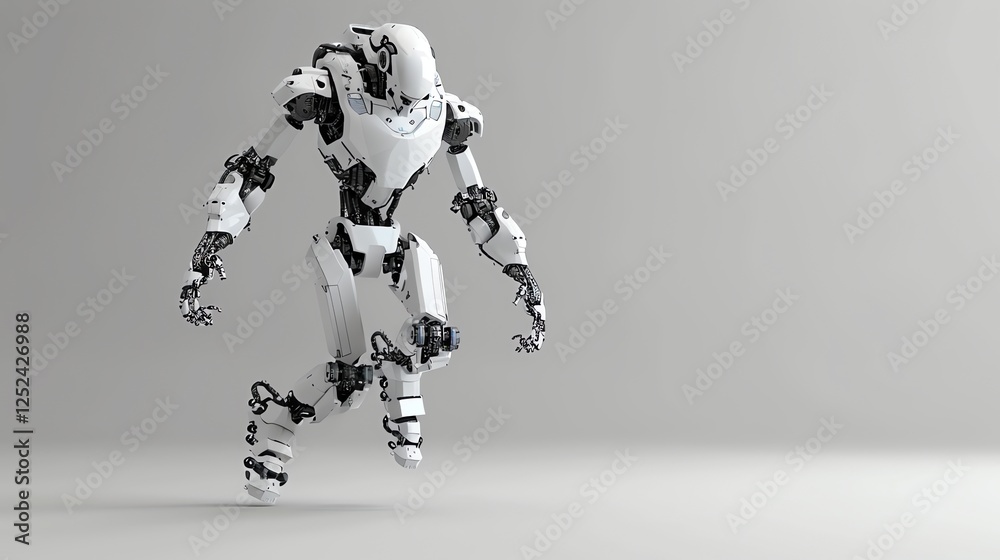 A white robot with exposed mechanics stands on a white background. A white robot with exposed mechanics stands on a white background.