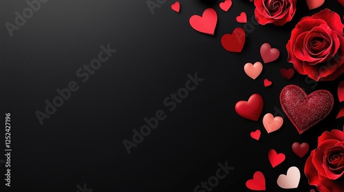 Romantic Arrangement of Red Hearts and Roses on Black Background