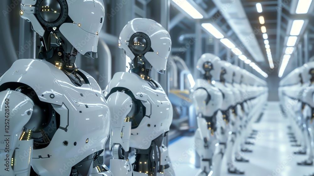 A line of humanoid robots standing in a futuristic factory. A line of humanoid robots standing in a futuristic factory.