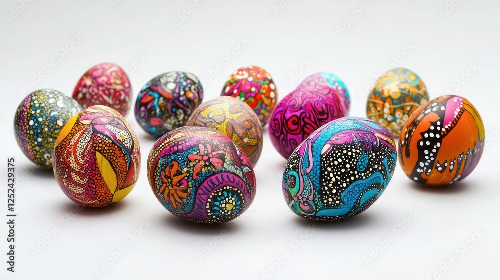 Colorful painted Easter eggs on white background; spring celebration