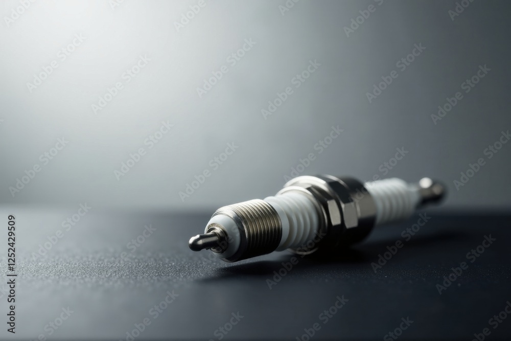 Close-up view of a single, metallic spark plug resting on a dark surface against a muted background. Close-up view of a single, metallic spark plug resting on a dark surface against a muted background.