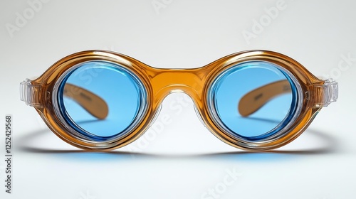 Swim goggles with blue lenses and clear frame on isolated white background. Generative AI photo