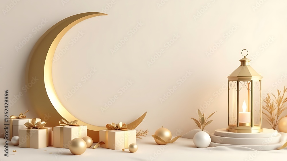 Islamic background, Gift box, lantern, gold crescent moon on white. Design concept of ramadan kareem, iftar,isra and miraj or eid al fitr adha, copy space text area, 3D illustration. Islamic background, Gift box, lantern, gold crescent moon on white. Design concept of ramadan kareem, iftar,isra and miraj or eid al fitr adha, copy space text area, 3D illustration.