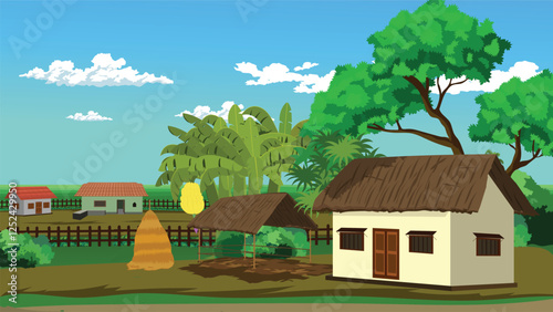 Asian rural village house yard with hey pile, cowshed, bushes, fench, trees, huts and green field under a blue cloudy sky
