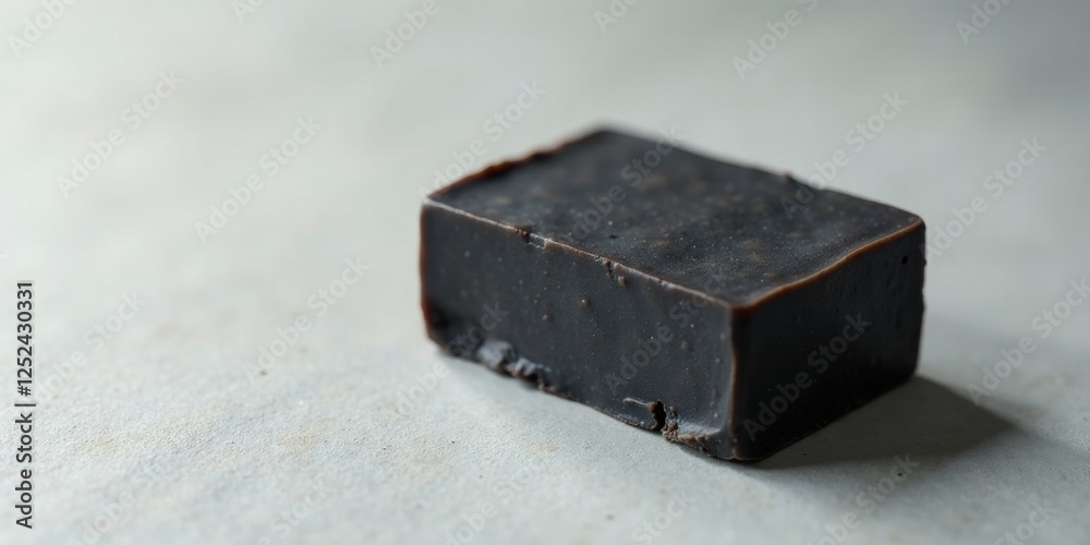 A Close-Up View of a Dark Brown Rectangular Bar of Soap on a Light Gray Surface A Close-Up View of a Dark Brown Rectangular Bar of Soap on a Light Gray Surface