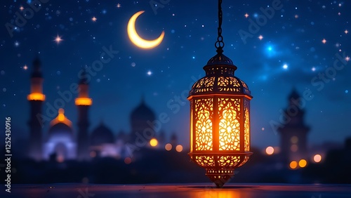 Arabic lantern of ramadan celebration background illustration. Generative AI