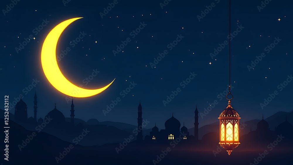 Naklejka premium Golden lantern shining near crescent moon and mosque silhouette on dark blue starry background, celebrating ramadan