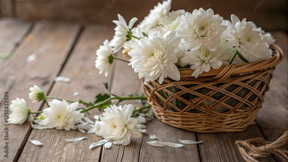 Obraz premium White Flowers in a Wicker Basket on Wooden Table 